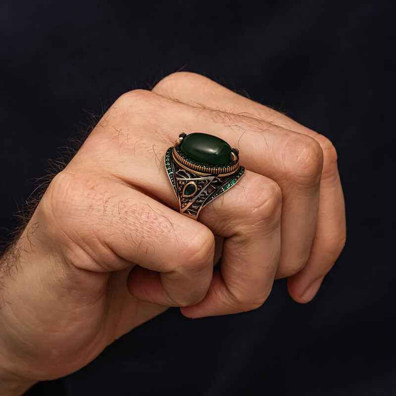 Green Agate Stone Men's Silver Ring