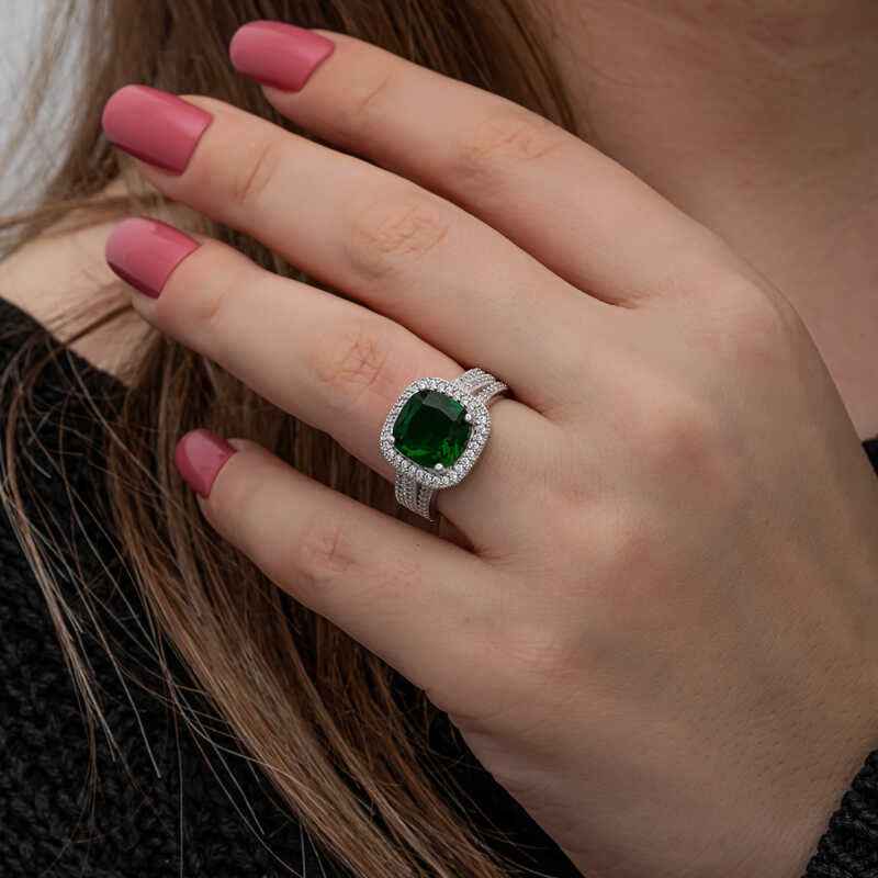 Green Baguette Square Women's Silver Ring