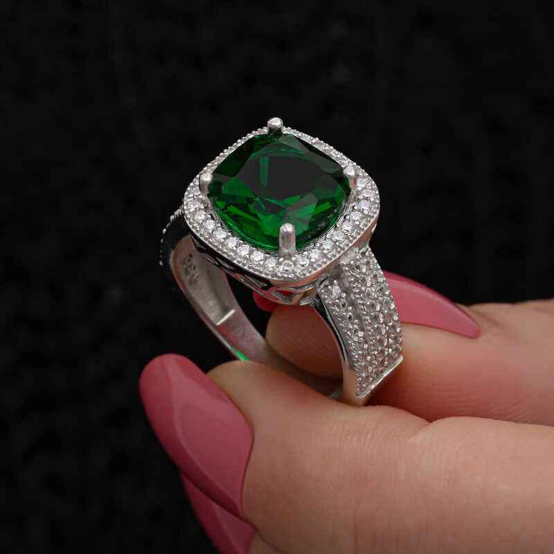 Green Baguette Square Women's Silver Ring