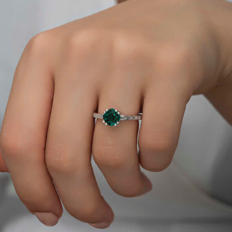 Green Baguette Single Stone Women's Silver Ring