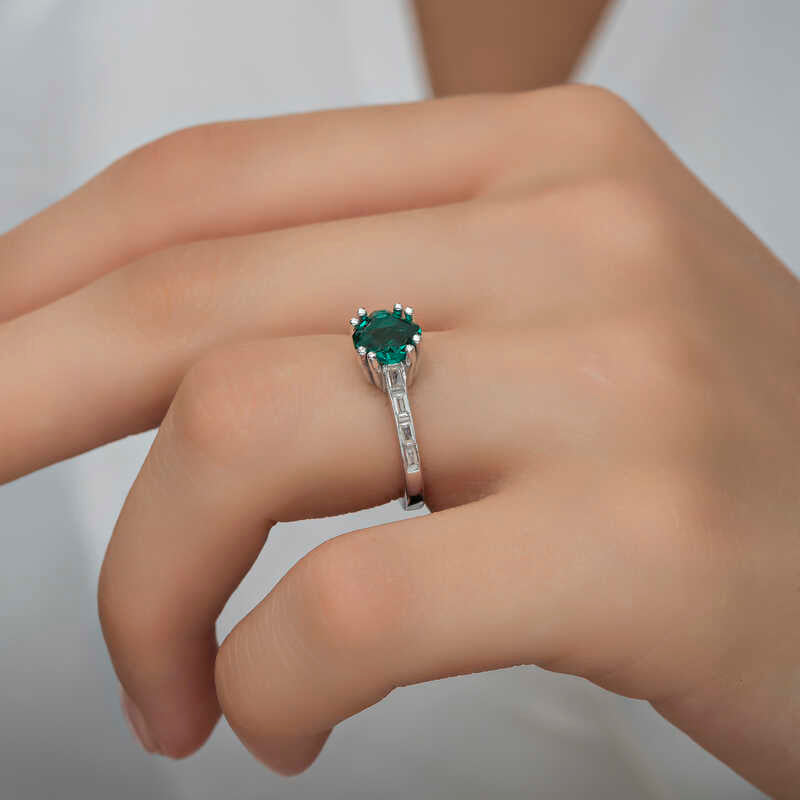 Green Baguette Single Stone Women's Silver Ring