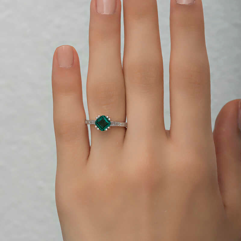 Green Baguette Single Stone Women's Silver Ring