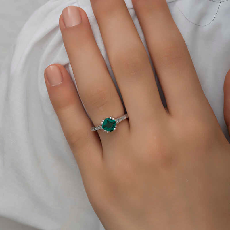 Green Baguette Single Stone Women's Silver Ring