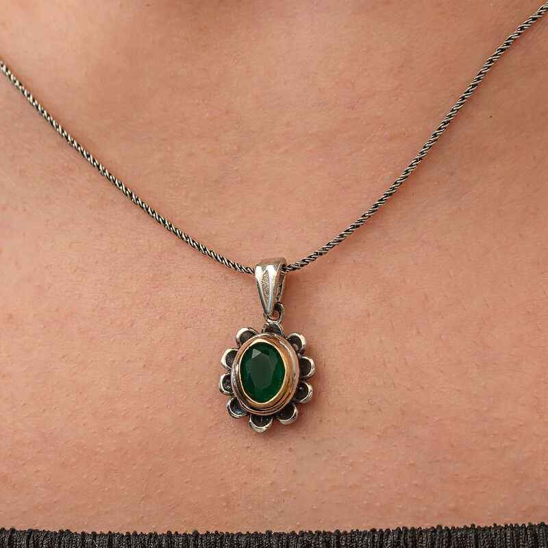 Green Flower Patterned Authentic Women's Silver Necklace