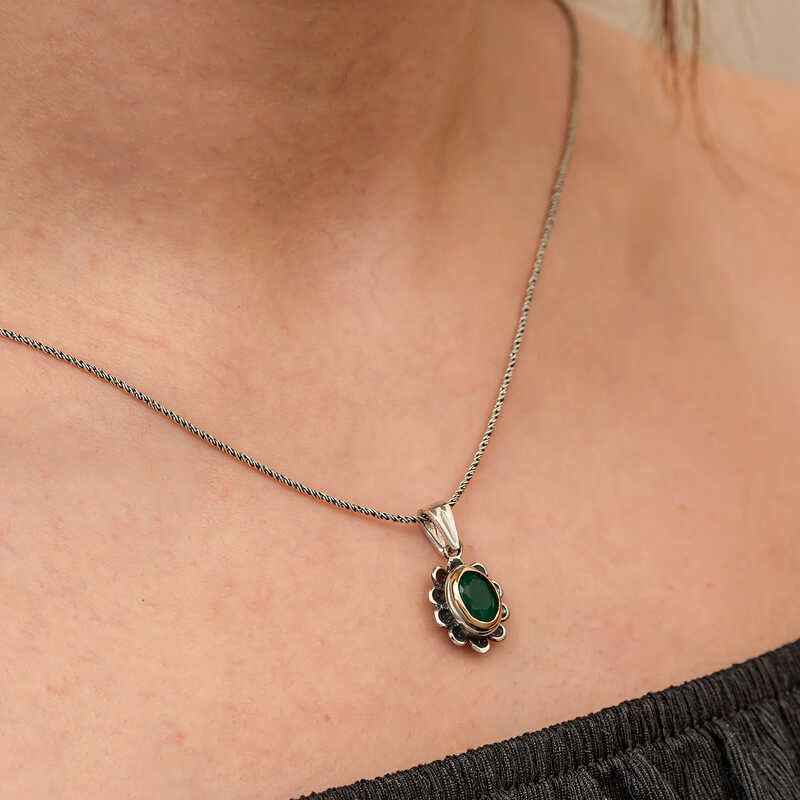 Green Flower Patterned Authentic Women's Silver Necklace