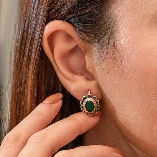 Green Flower Patterned Authentic Women's Silver Earrings