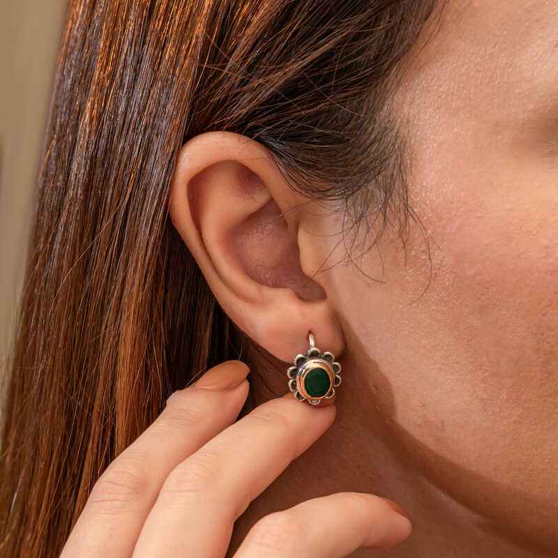 Green Flower Patterned Authentic Women's Silver Earrings