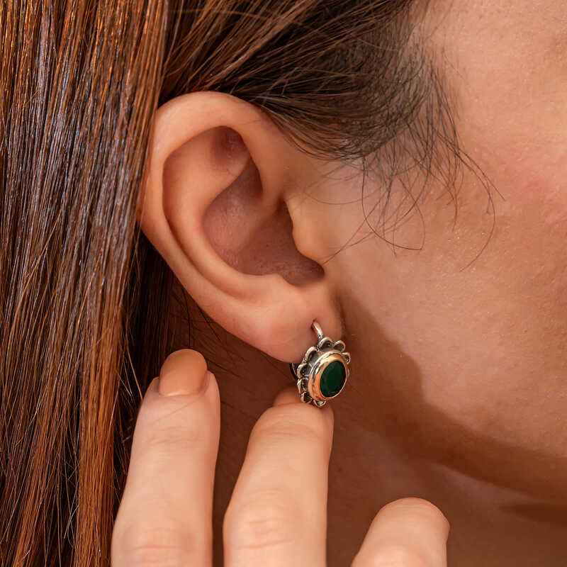 Green Flower Patterned Authentic Women's Silver Earrings