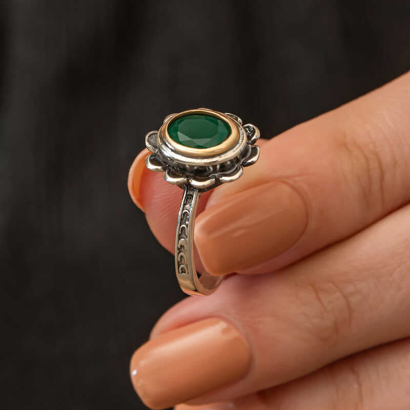 Green Flower Patterned Authentic Women's Silver Set