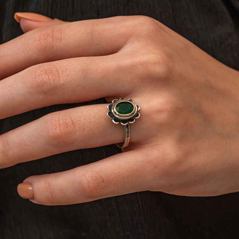 Green Flower Pattern Authentic Women's Silver Ring