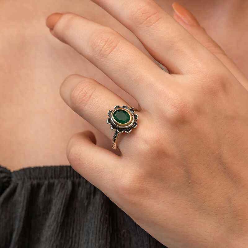 Green Flower Pattern Authentic Women's Silver Ring