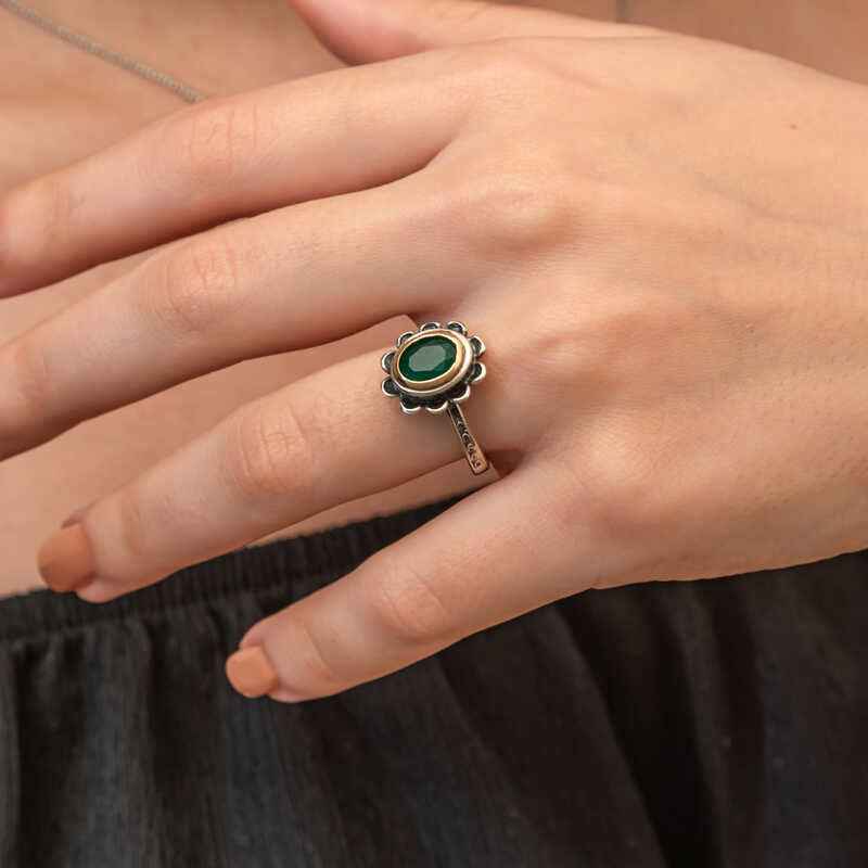 Green Flower Pattern Authentic Women's Silver Ring