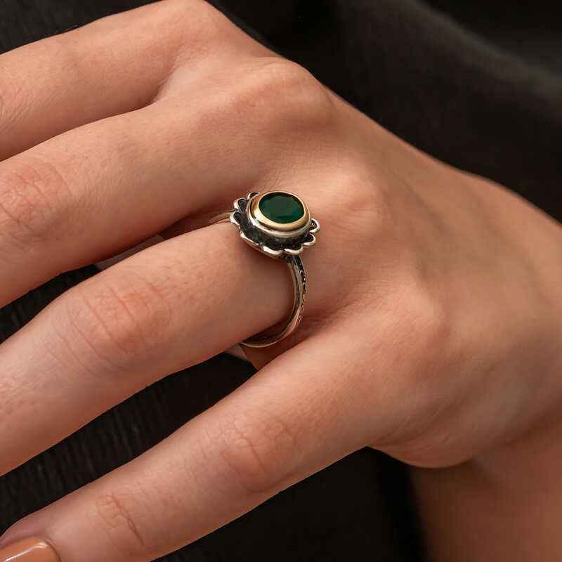 Green Flower Pattern Authentic Women's Silver Ring