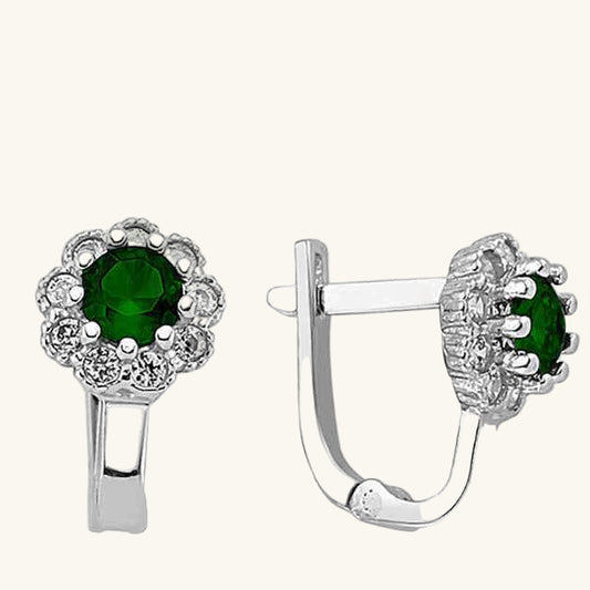 Green Floral Pattern Round J Women's Silver Earrings