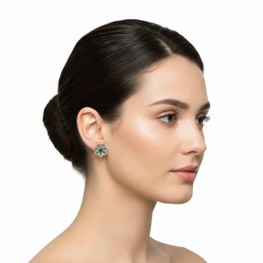 Green Filigree Flower Stud Silver Earrings