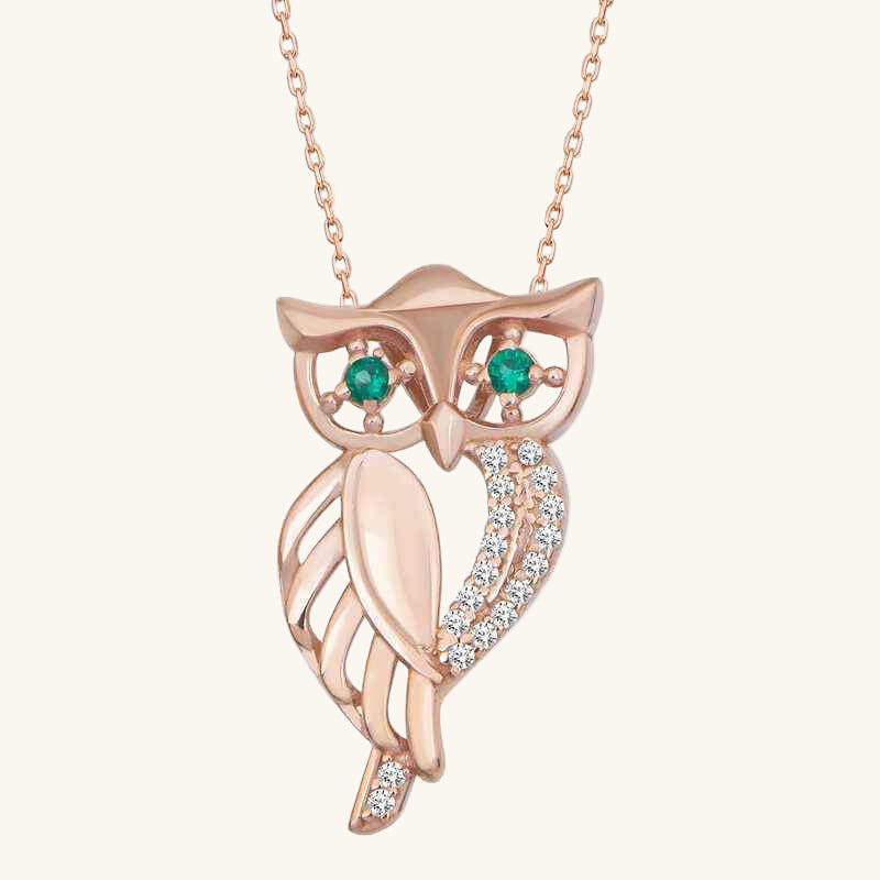 Green-Eyed Owl Rose Plated Women's Silver Pendant