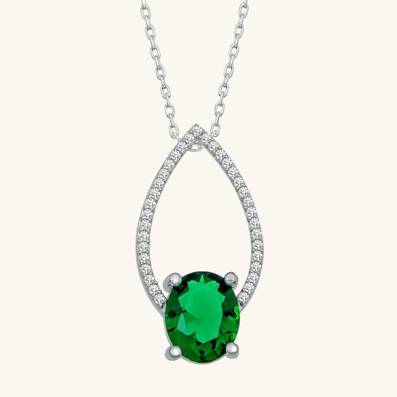 Green Oval Stone Drop Women's Silver Pendant