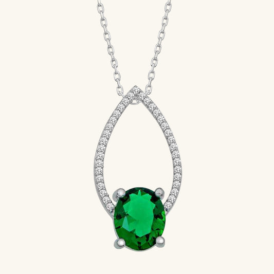 Green Oval Stone Drop Women's Silver Pendant
