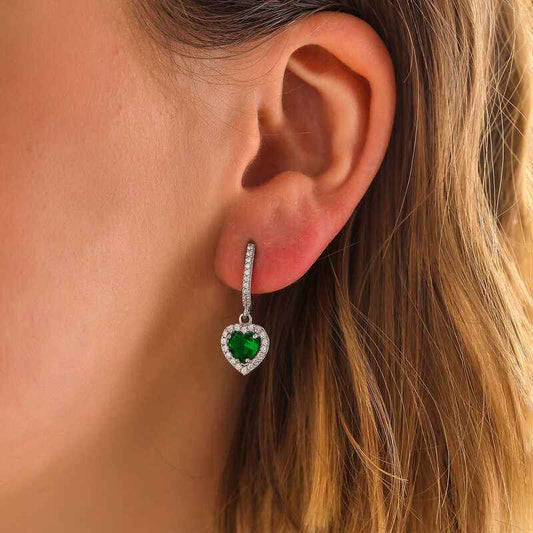 Green Stone Heart Women's Silver Earrings