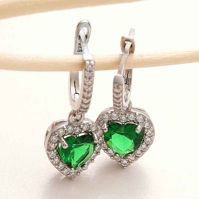Green Stone Heart Women's Silver Earrings