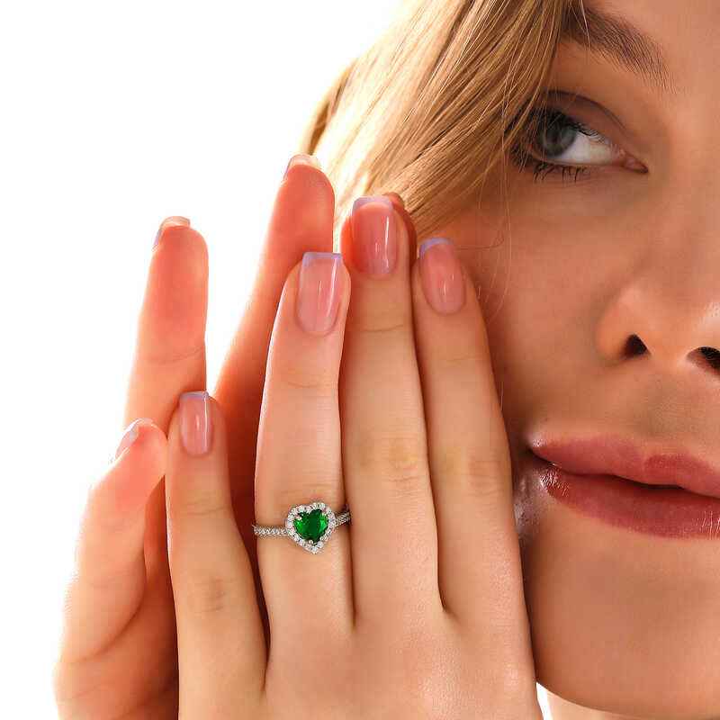 Green Stone Heart Women's Silver Ring