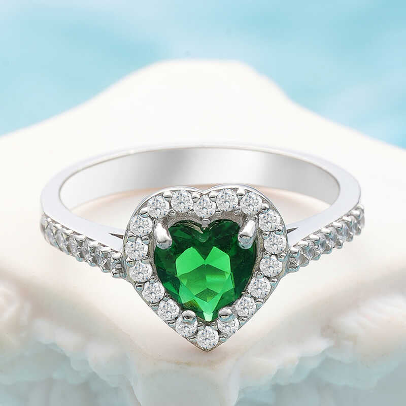 Green Stone Heart Women's Silver Ring