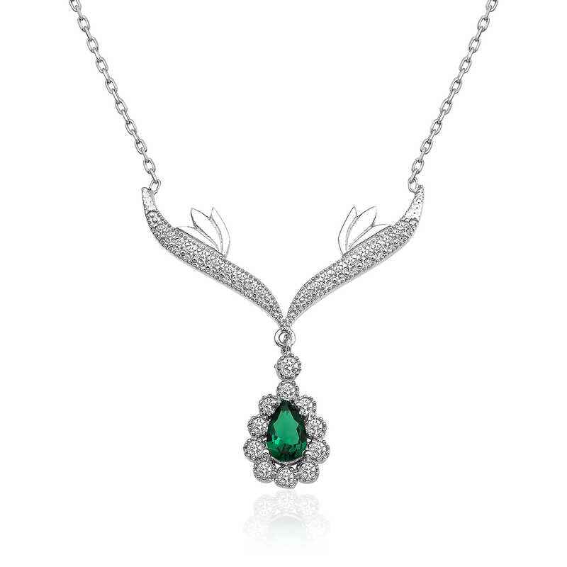 Green Stone Medallion Women's Silver Necklace