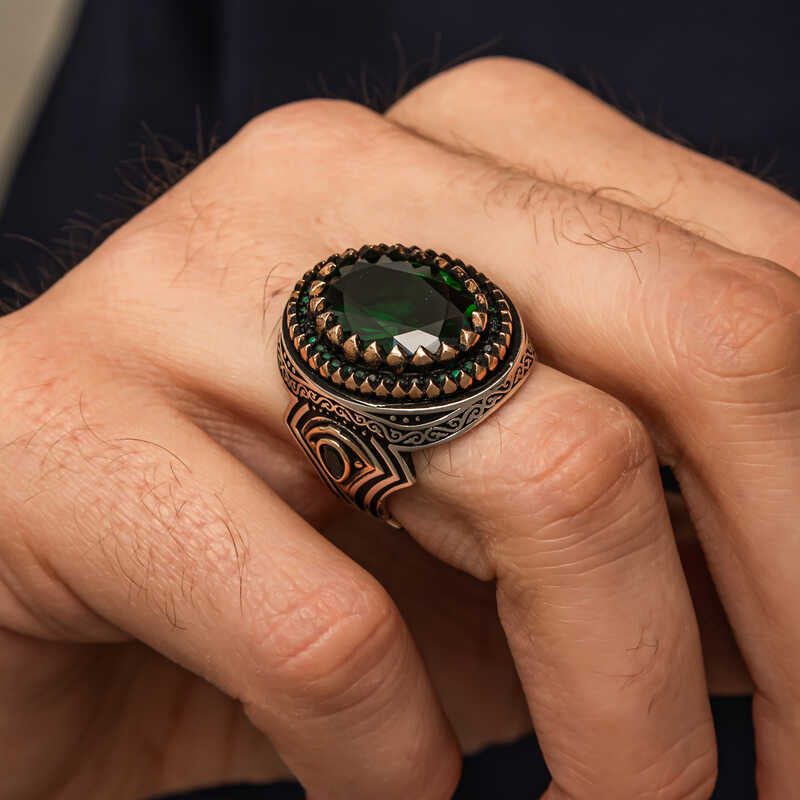 Green Zircon Stone Men's Silver Ring