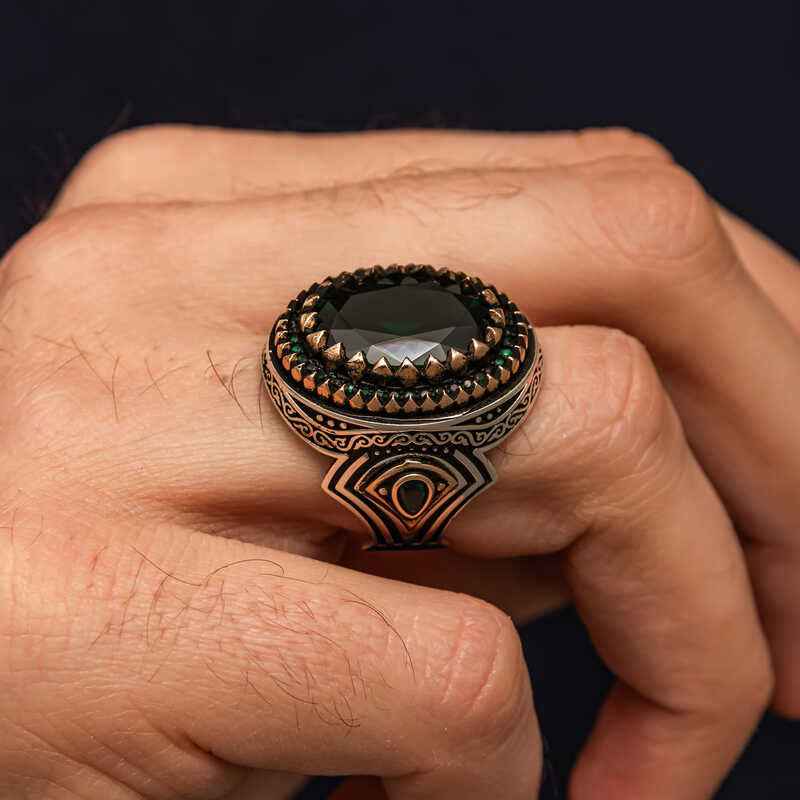 Green Zircon Stone Men's Silver Ring