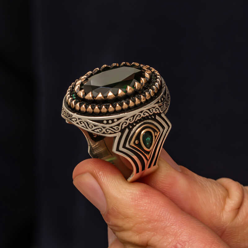 Green Zircon Stone Men's Silver Ring