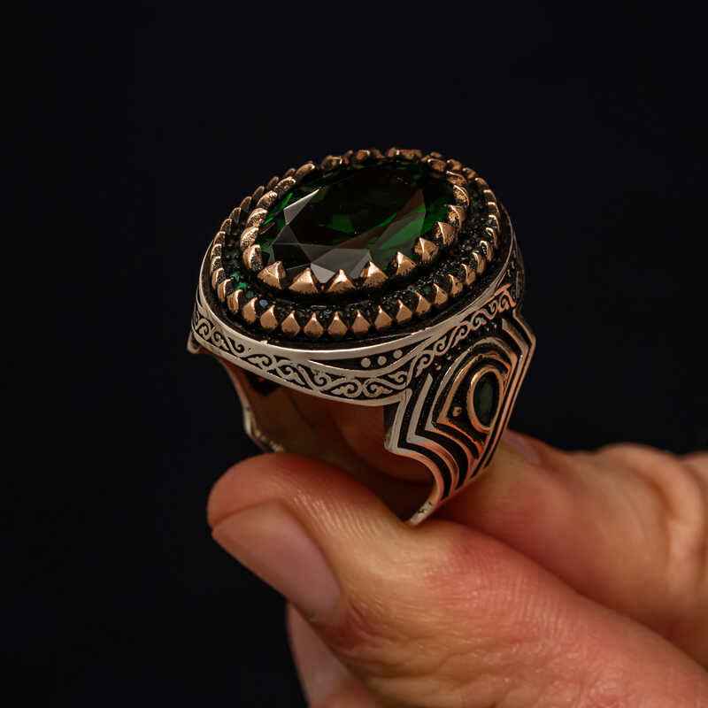 Green Zircon Stone Men's Silver Ring