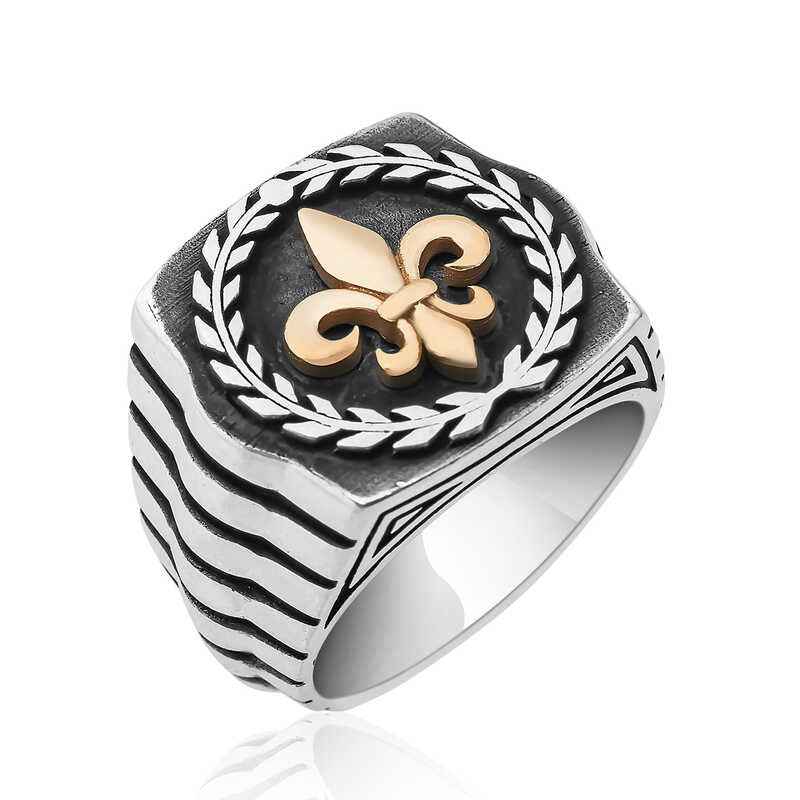 Lily Flower Pattern Men's Silver Ring