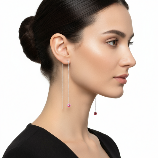 Boucles d'oreilles chaîne en argent mauvais œil rose
