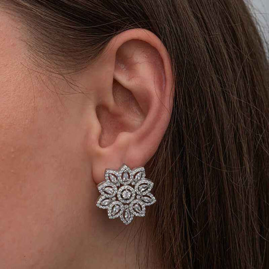 Zircon Flower Stone Women's Silver Earrings