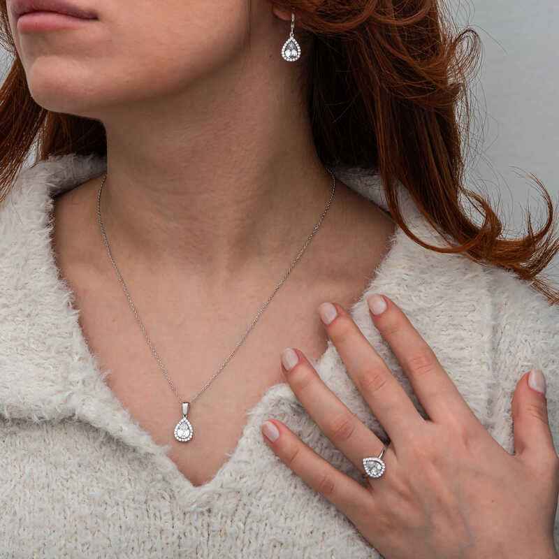 White Zircon Stone Drop Women's Silver Set