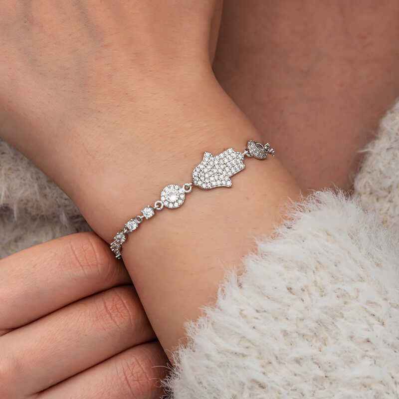 Zircon Stone Fatma's Hand Women's Silver Bracelet