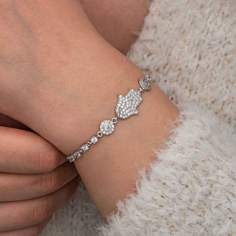 Zircon Stone Fatma's Hand Women's Silver Bracelet