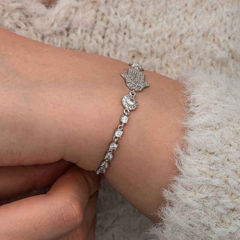 Zircon Stone Fatma's Hand Women's Silver Bracelet