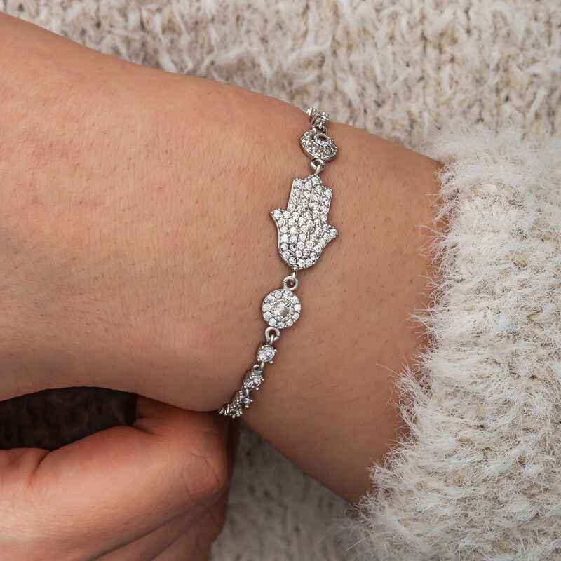 Zircon Stone Fatma's Hand Women's Silver Bracelet