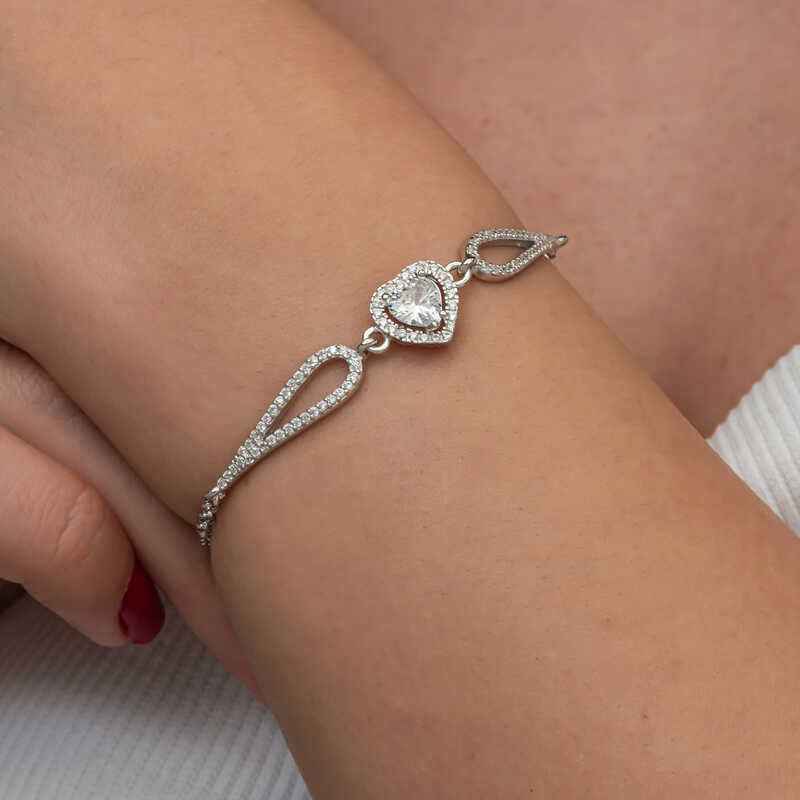 Zircon Stone Heart Women's Silver Bracelet