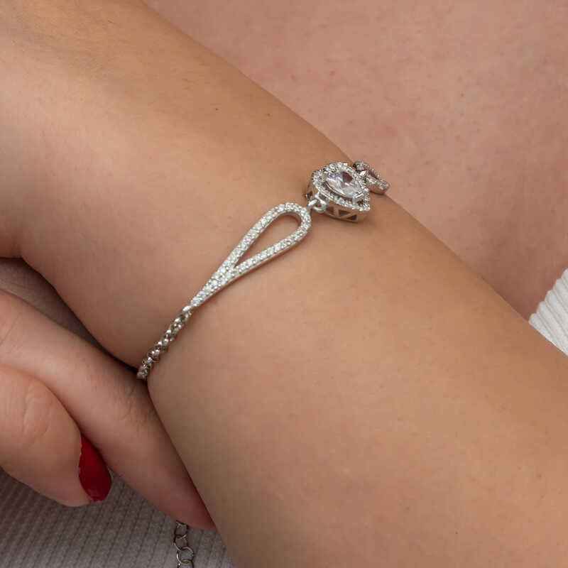 Zircon Stone Heart Women's Silver Bracelet