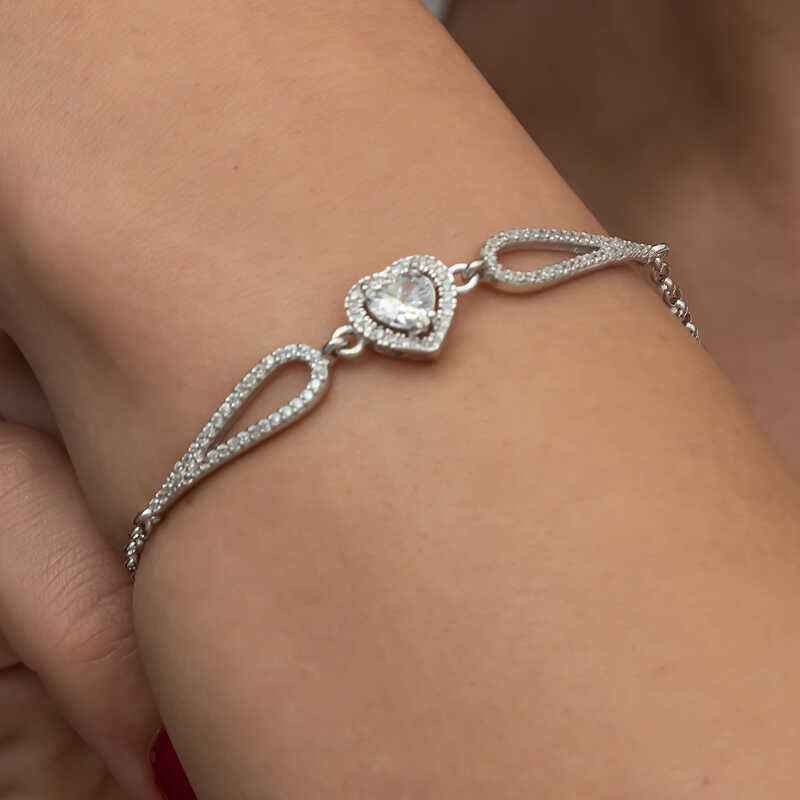 Zircon Stone Heart Women's Silver Bracelet