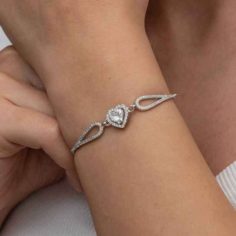 Zircon Stone Heart Women's Silver Bracelet