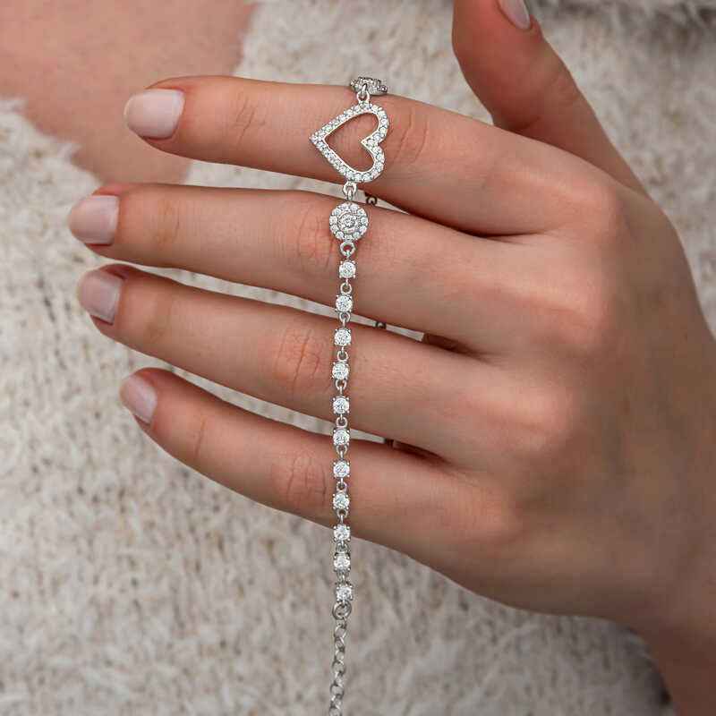 Zircon Stone Heart Women's Silver Bracelet
