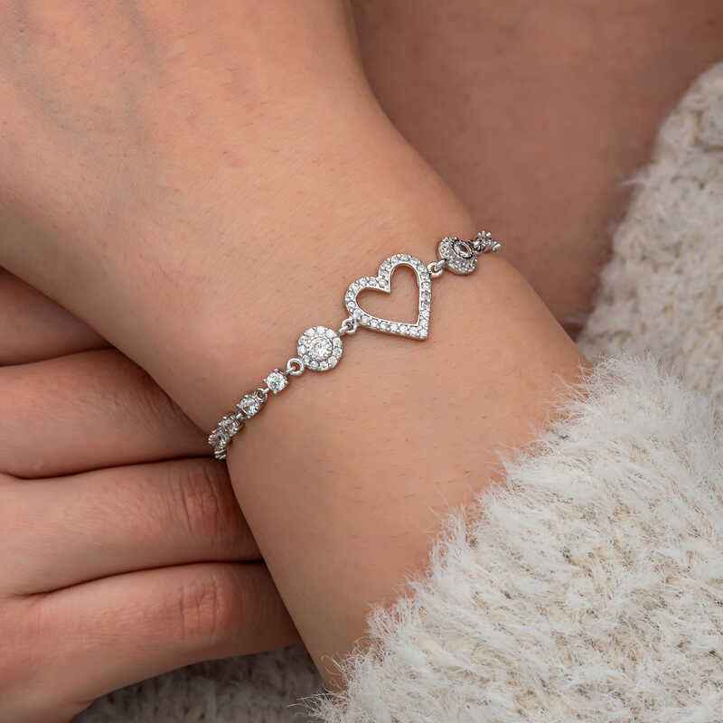 Zircon Stone Heart Women's Silver Bracelet