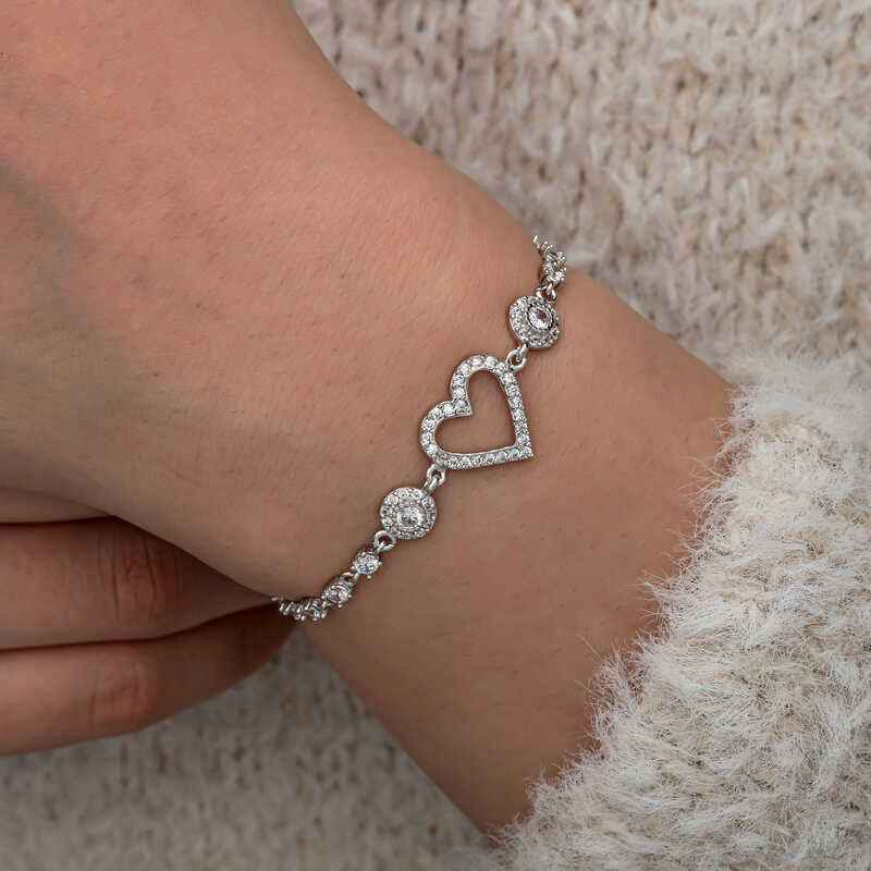 Zircon Stone Heart Women's Silver Bracelet