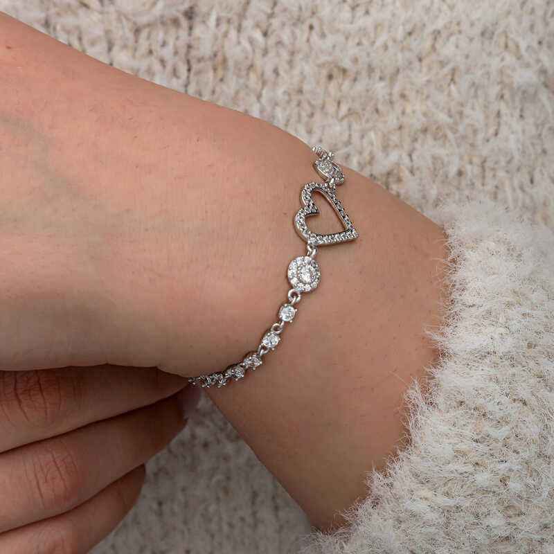 Zircon Stone Heart Women's Silver Bracelet