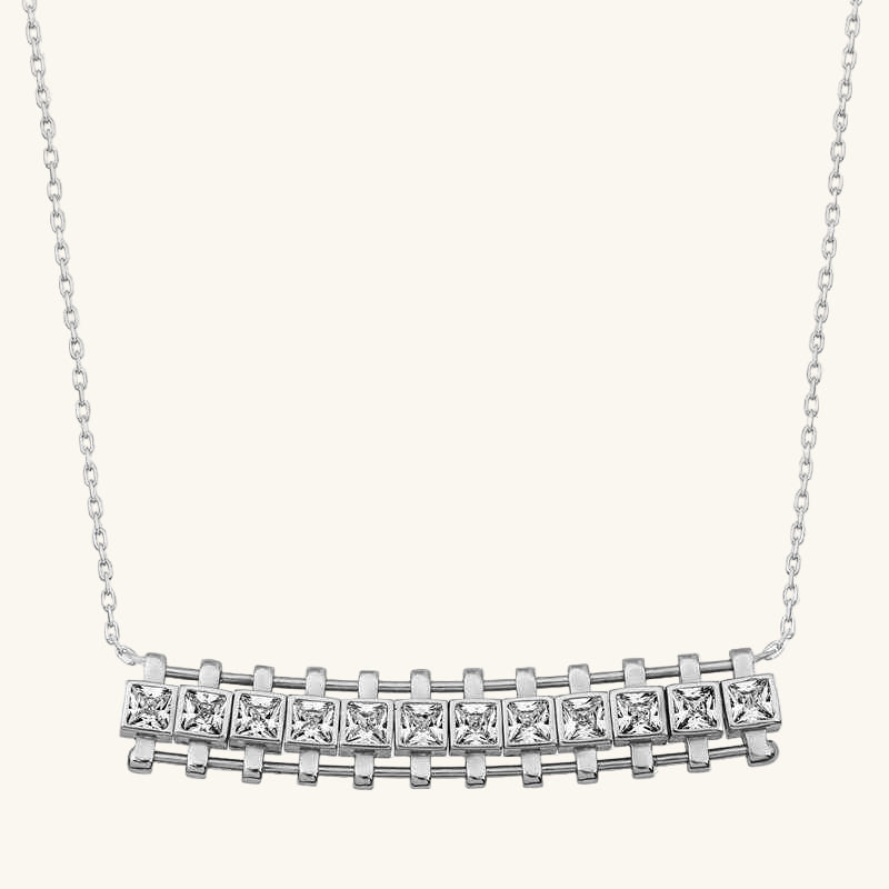 Zircon Stone Square Bar Women's Silver Necklace