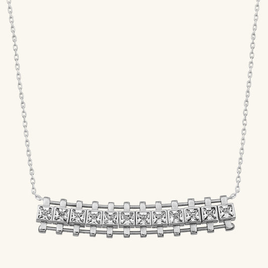 Zircon Stone Square Bar Women's Silver Necklace