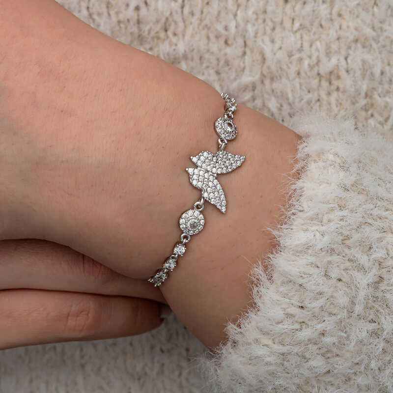 Zircon Stone Butterfly Women's Silver Bracelet